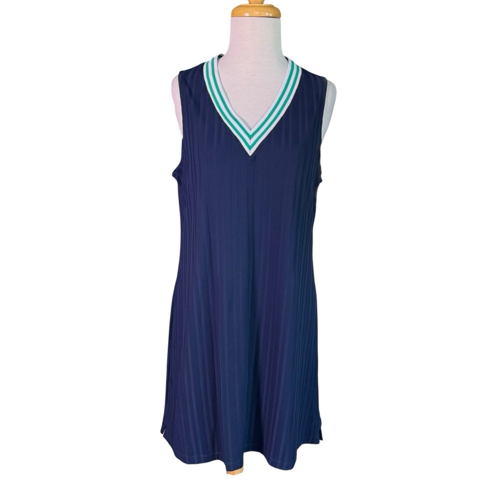 Southern Tide Game Day Dress Navy Sleeveless Green White Stripe Collar UPF Med